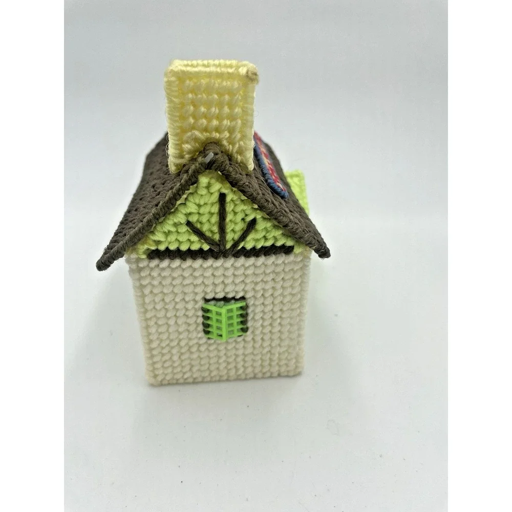 Vtg 70s Yarn Needlepoint Completed Car Dealership‎ &Cottage House Plastic Canvas